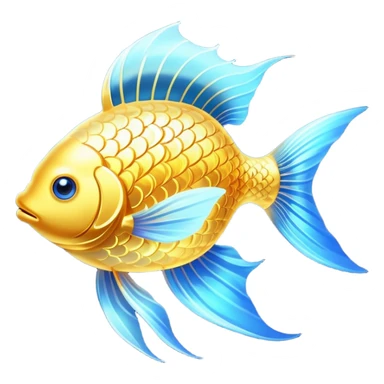 Ethereal golden fish symbol glowing with soft radiance, surrounded by a subtle blue aura. The fish has flowing, graceful lines with shimmering scales and translucent fins that appear to be moving in water. sticker