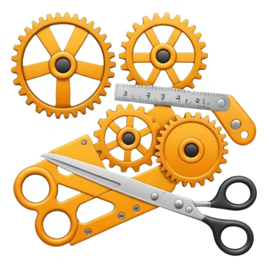 gears, ruler and scissors, or pattern block with a polished, glossy, 3D look sticker