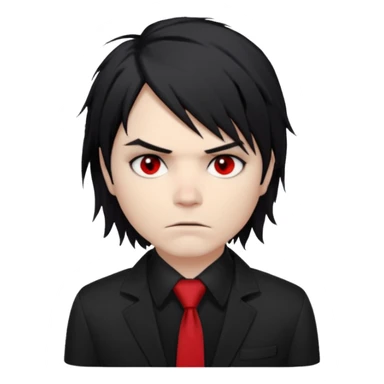 Gerard Way (Revenge Era)
Round, simplified emoji style
Pale skin tone
Jet-black, shoulder-length hair messy and emo
Heavy eyeliner and slight red shadow under the eyes
Subtle serious
Hint of red tie visible on black button up shirt.
Transparent background. Black eyeliner. Messy emo hair sticker