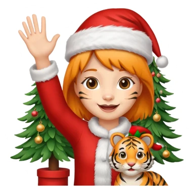 Happy girl tiger waving by a Christmas tree wearing a Santa hat sticker