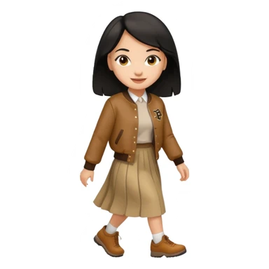  light skin, black cololong hair girl with brown varsity jacket and long skirt walking  sticker