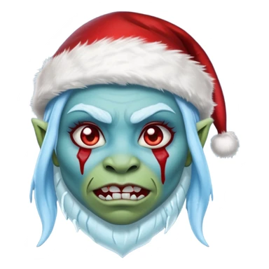 Fantasy orc portrait emoji, Santa Claus hat with icy texture, frozen scar glowing deep red against icy blue skin tones, primal winter survival theme, restrained detail, clean readable emoji style, female variant
 sticker