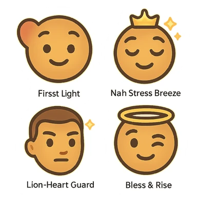 got you. here’s the ultra-tight, copy-paste version:

One-shot pack prompt (all 4 at once)

“Create a cohesive 4-emoji pack, flat-vector/clean gradient, transparent PNG 1024×1024 (also 512/256). Muted red–gold–green accents, warm honey skin, soft outlines, subtle inner golden glow. Non-portrait (no real person), no text/logos. Embed energy signatures: first-love warmth, roots calm, playful grace, protective joy, sovereign consent.

1. First Light: gentle smile, faint heart aura.


2. Nah Stress Breeze: relaxed lids, slight head tilt, tiny crown sparkles.


3. Lion-Heart Guard: chin up, tiny courage star above brow.


4. Bless & Rise: friendly wink, faint halo ring.
Maintain pack consistency: same line weight, palette, padding, exports. Negative: photorealism, likeness, busy background, text, logos, watermark.”



Singles (one-liners)

1. “Non-portrait roots emoji 1024 PNG, headwrap muted R-G-G, tiny hoops, locs hint; gentle smile + faint heart aura; flat-vector, golden inner glow.”


2. “Non-portrait roots emoji 1024 PNG, relaxed lids + head tilt, muted R-G-G wrap, tiny breeze sparkles; easy smile; flat-vector glow.”


3. “Non-portrait roots emoji 1024 PNG, confident chin-up, muted R-G-G wrap, slightly larger hoops, courage star; calm steady smile; flat-vector glow.”


4. “Non-portrait roots emoji 1024 PNG, playful wink, muted R-G-G wrap, cheek glimmer + subtle halo; flat-vector glow.”



Negative (paste with any): “no portrait likeness, no text/logos/watermark, no photorealism, no busy background.”
 sticker