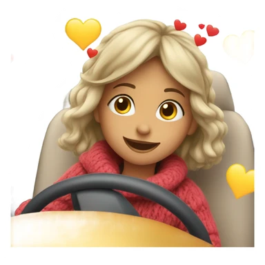 smiling girl in sweater driving in car with hearts sticker