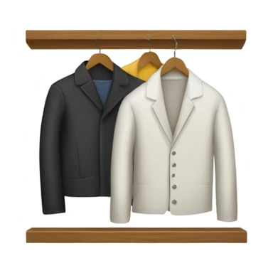Design an emoji-style icon of an open wardrobe with clothes hanging inside. Include details like a wooden frame, hangers, and only black or white different clothing items such as shirts or any other clothing . Use a clean and minimalistic design. sticker
