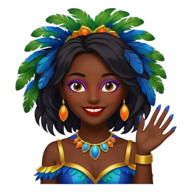 i need the same girl in "dark skin girl, dark red lipstick, nails very beautiful" to be smiling in "carnival mas costume, blue, green and orange preferably, full costume feathers at the back" she is to be smiling, hair should be dark shoulder length, black nail polish on her fingers  sticker
