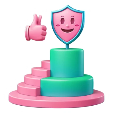 Minimalist 3D emoji-style podium with 2 steps on a green chroma key background. Step 1 (higher) features a handshake icon with blue neon glow. Step 2 (lower) features a smiling tooth with a shield icon and pink neon glow. Clean rendering, soft colors, uniform lighting sticker