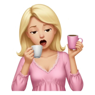 A blonde woman in a pink nightgown yawns, looking sleepy with dark circles under her eyes, drinking coffee, looking like she just woke up sticker