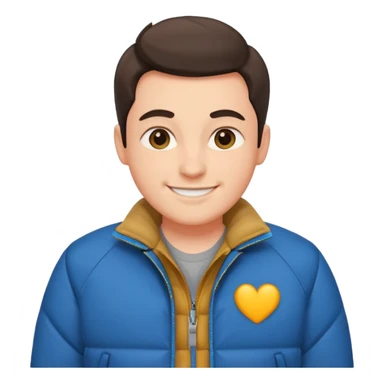 proud person, chest puffed out, smiling confidently, wearing a jacket sticker