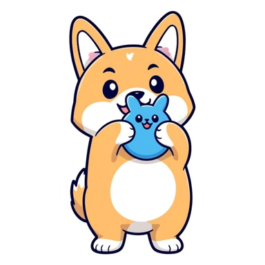 overweight black shiba inu holding a fluffy blue bunny toy by mouth, smiling, hint of cheese smell, cartoon sticker style sticker