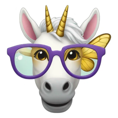 A unicorn with glasses and a bee sticker