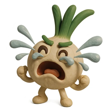 cute and funny anthropomorphic green onion character in claymation style, round white onion body, large expressive eyes, green leaves as hair, exaggerated crying face with onion juice tears spraying out dramatically, highly expressive and humorous pose, pastel kawaii colors, visible clay textures, high quality lighting, transparent background sticker