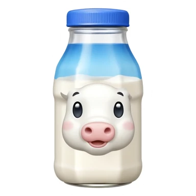 A 3D cartoon glass bottle of cow’s milk — white liquid, blue cap, clear reflections, Memoji-style rendering. sticker