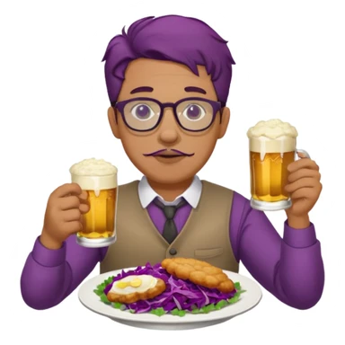 Man with wire framed glasses german eating schnitzel, red cabbage, sauerkraut, potato salad, and beer sticker