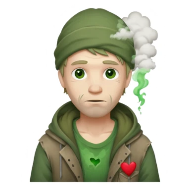 Homeless Caucasian male with green smoke around him and ripped clothes with valentines decor (no balloons) sticker