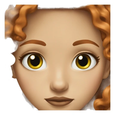 green eyes young woman central, small nose redhead long hair layers loose curls freckles brown lipstick sticker