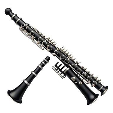 Create an emoji, representing a black standard clarinet. The design should feature a smooth, glossy black body of the clarinet with shiny, silver keys clearly visible. Highlight the intricate details of the mouthpiece and reed at the top, while the body of the instrument should remain simple and elegant. Add subtle musical notes or soundwaves floating around the instrument to symbolize its clear, melodic sound. Use black for the body, silver for the keys, and soft lighting effects to give the instrument a polished, sophisticated look. The background should be transparent. sticker