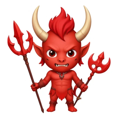 a Red devil, short horn Chibi red demon hold a trident sticker