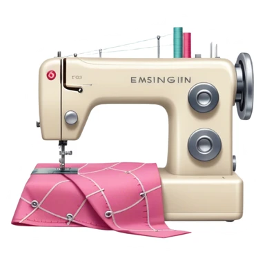 Sewing icon, measuring tape, pins, scissors, and a dress in progress, sewing machine with thread, visible needle, spools of thread, fabric pieces cut according to patterns, minimalistic style, clean lines, transparent background. sticker
