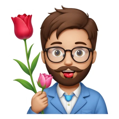 Brown hair guy and a heart shaped eyes with his tongue out with a beard and glasses with a hello kitty and a tulip in his hand   sticker