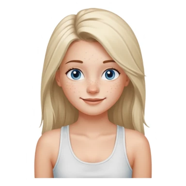 Una chica de tez blanca con pecas, nariz respingada, labios gruesos, ojos grandes color azul grisáceo, pelo largo, lacio, color avellana. Con una blusa de tirantes blanca. Que este sonriendo y q solo se vea de la cintura hacía arriba sticker
