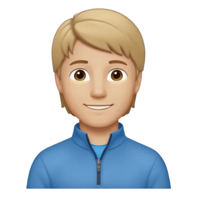 boy with dark blonde hair in a mullet with a neat blue undershirt and brown quarter zip sticker