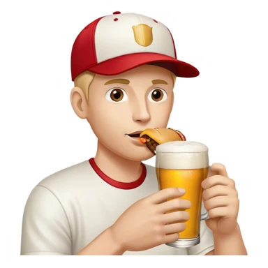 hipster flat bill baseball cap wearing man sipping on a pint of beer holding a half eaten hamburger in the other hand sticker
