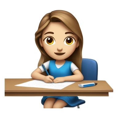 White Smart brown hair girl with blue eyes and light skin on a desk writing on a piece of paper  sticker