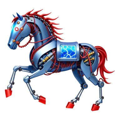 Fast running electric horse made of electricity, metal plates, bolts, blue and red wires, with lightning emanating from its body sticker
