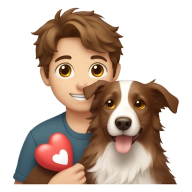 boy with brown hair holding a light brown border collie with love hearts around them  sticker