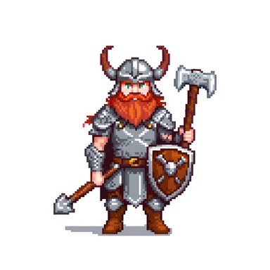 ginger viking warrior with red beard, horned helmet and metal armor, battle axe sticker