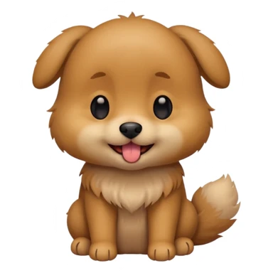 Cute small brown fluffy dog emoji icon. Round face, short muzzle, light brown fur with slightly darker ears, small black nose, happy smiling expression with tongue out. Soft friendly eyes, sitting pose with front paws together. Simple clean vector style, minimal details, kawaii style. sticker