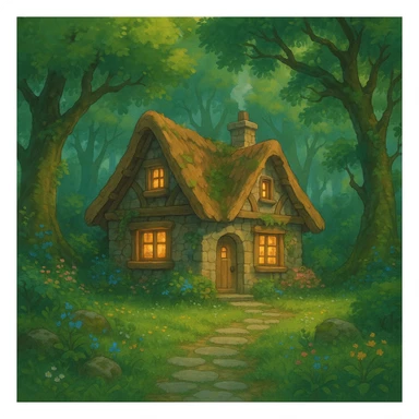 cozy cottage in a magical forest sticker