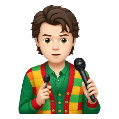 harry styles with a mic, he is wearing a patchwork colorful (red, yellow,green) cardigan sticker