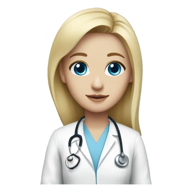 Blonde doctor with blue eyes, light skin, wearing baby blue scrubs and doctor white coat sticker