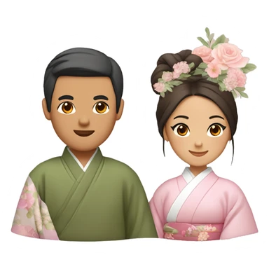 asian couple - man with center split slightly wavy hair wearing plain kimono with olive green inside and brown outside, woman with a low bun and flowers in her hair wearing light pink kimono with pastel florals of different colors sticker
