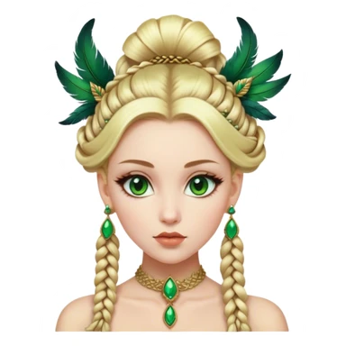 lady with Pale complexion, sharp features, high cheekbones, Blonde hair, green eyes, feathered ornaments, intricate braids with voluminous hairstyle sticker