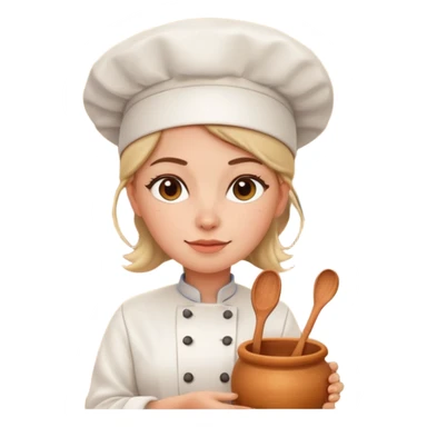 cartoon Apple iOS emoji style woman, pastel colors, Chilean wooden kitchen background, clay pots, warm light, detailed and clean vector art sticker