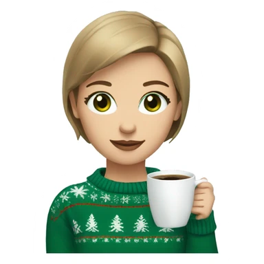 Light brown short haired girl with green eyes drinking coffee wearing blue Christmas sweater sticker