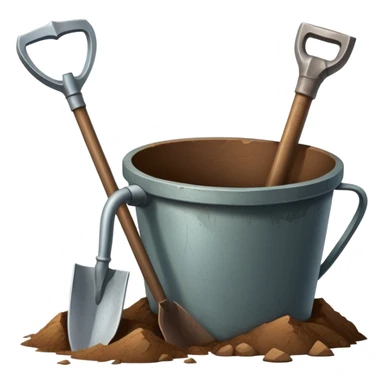 An icon featuring a shovel, pickaxe, and an ancient artifact like a broken pot, symbolizing the essentials of archaeology. The design focuses on the tools of excavation and discovery, recognizable look. Transparent background. sticker