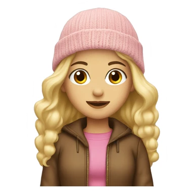 Blond girl brown jacket pink nitted beanie  sticker