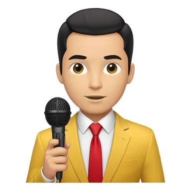 Man with black pulled back hair, wearing a yellow suit and red tie, holding a microphone sticker