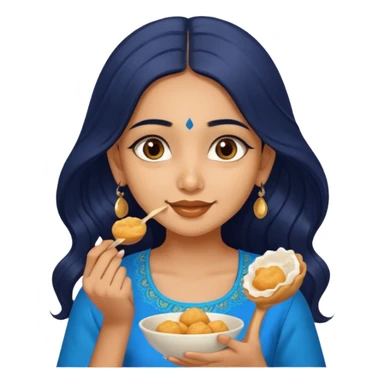 a pretty tan indian bratz girl. eyeliner on, wearing a blue kurti, eating golgappa. NO SPOON. wavy long BLACK coloured hair sticker