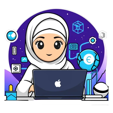 computer engineer with white hijab immersed in augmented reality, surrounded by floating metaverse elements, digital codes, virtual machines, tech graphics sticker