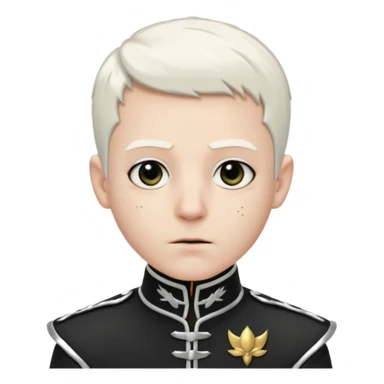 Head and shoulders emoji of a pale man with short white hair, wearing a black marching band jacket with silver trim. black eyeliner. Expression stoic, commanding, and theatrical, heroic emo style sticker