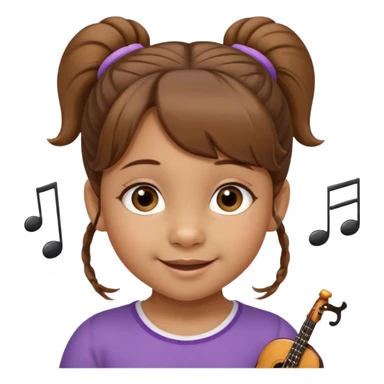 Niña de 4 años con ojos marrones claros, pelo castaño claro con dos moños altos y pelitos sueltos a modo de flequillo, nariz chata y risueña. Con nota musical sticker