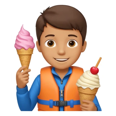 boy kid wearing lifejacket, holding ice cream sticker