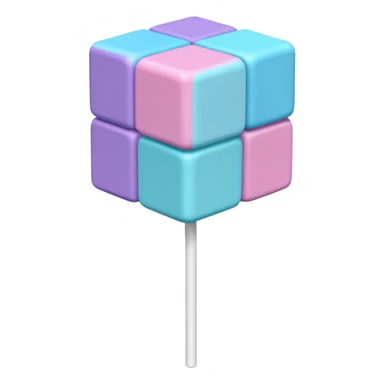 Pastel cube lollipop with stacked blocks in pink, purple, blue, and cyan. Textured, voxel-style, on a white stick. sticker