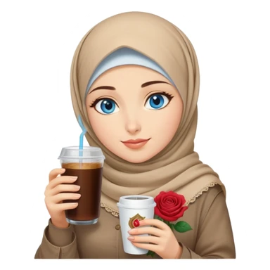 Turkish beautiful finish Konya girl blue eyes with beige denim hijab islamic dress and had on her hand Rose Cold brew coffee   sticker