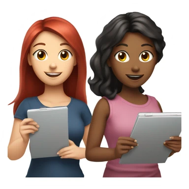 Girl with black hair, brunette girl, and bright red hair girl conducting surveys on clipboards and ipads sticker